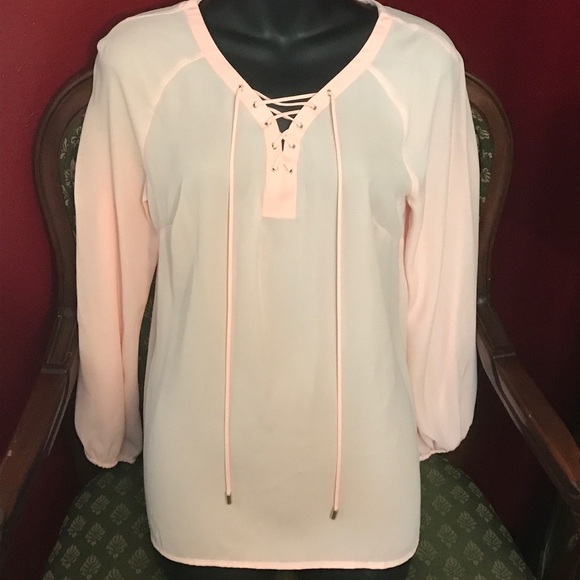 Worthington pink lace up long sleeve blouse - Picture 1 of 3